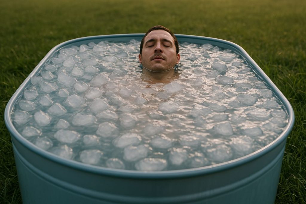 Beneficios de baño con hielo para el cuerpo y la recuperación muscular 1 Hombre dándose un baño en bañera con hielo