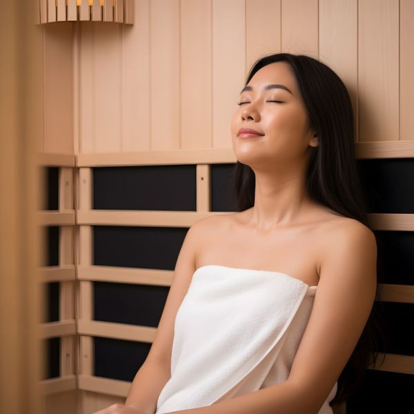 Young woman enjoying a peaceful moment in an infrared sauna, wrapped in a towel, embodying relaxation and healthful living